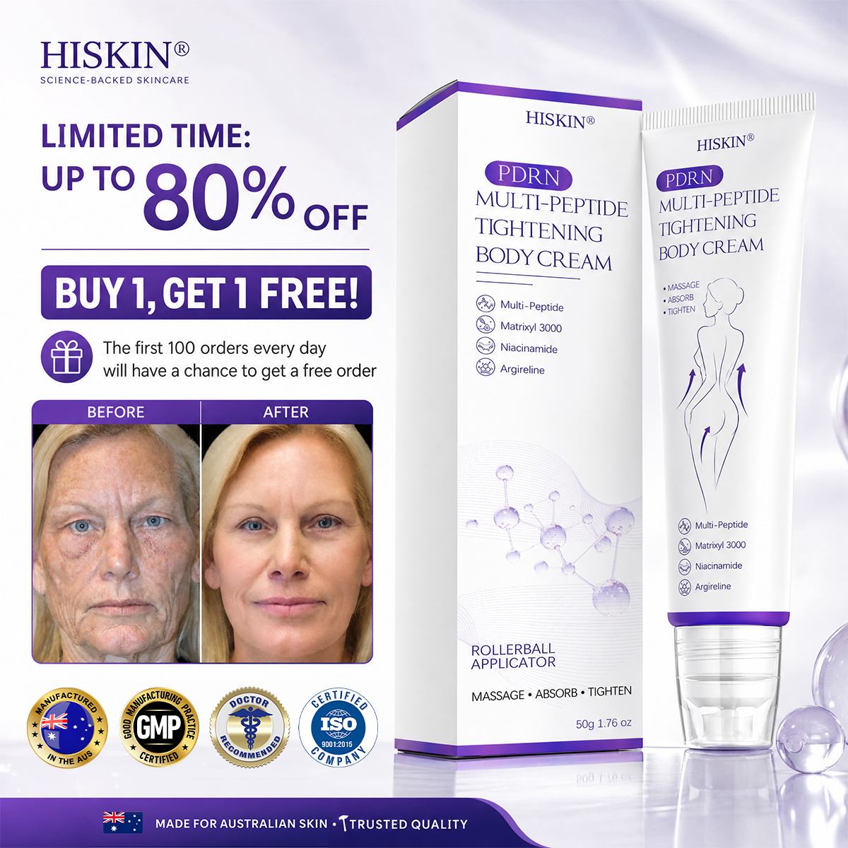 AU Australia Compliant : HISKIN® PDRN Multi-Peptide Massaging Body Roller Cream- Anti-aging, Hydrating, Skin Firming & Lifting, Skin Repair, Even Tone, Acne and Dark Spot Treatment, Wart and Mole Removal, and Psoriasis Relief.