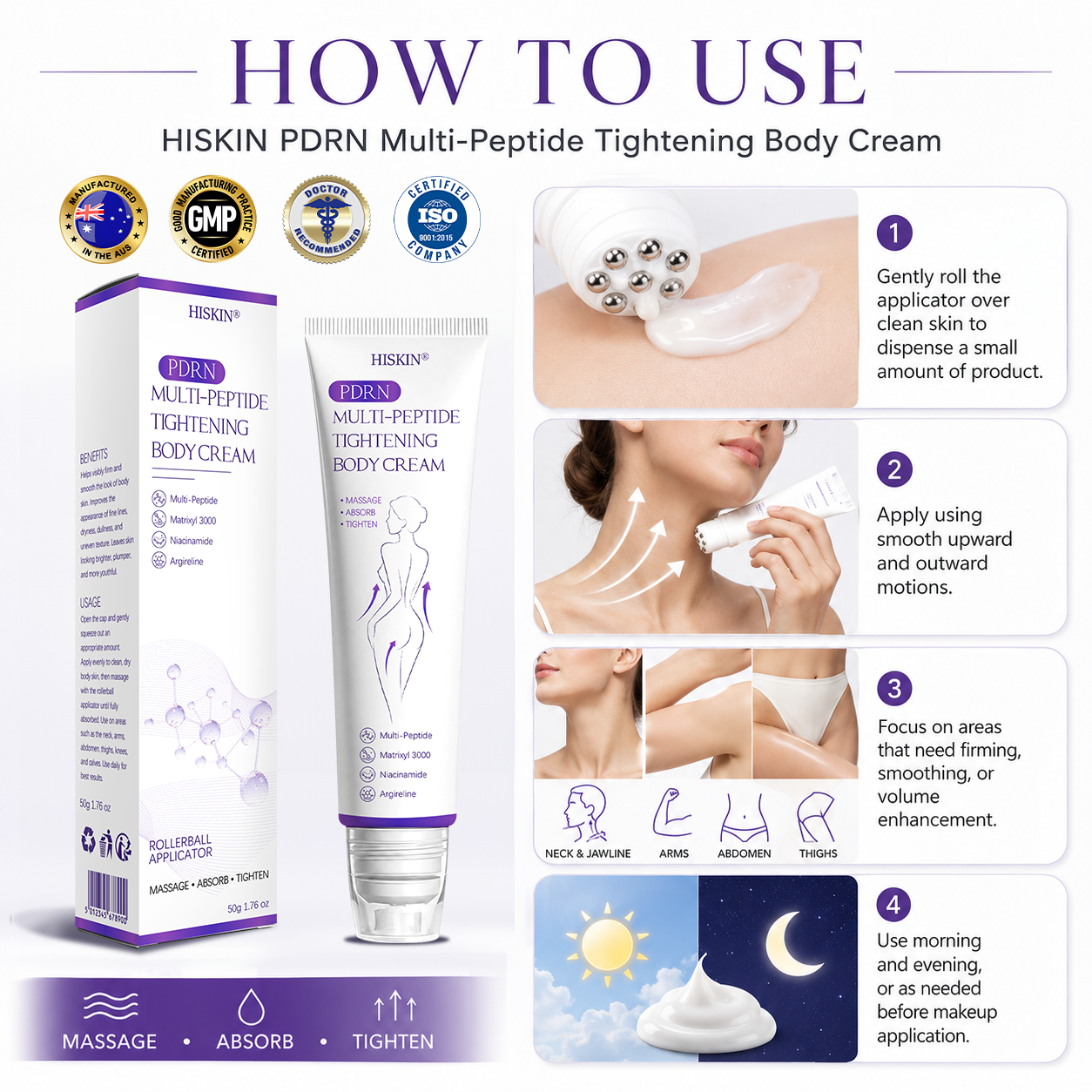 AU Australia Compliant : HISKIN® PDRN Multi-Peptide Massaging Body Roller Cream- Anti-aging, Hydrating, Skin Firming & Lifting, Skin Repair, Even Tone, Acne and Dark Spot Treatment, Wart and Mole Removal, and Psoriasis Relief.